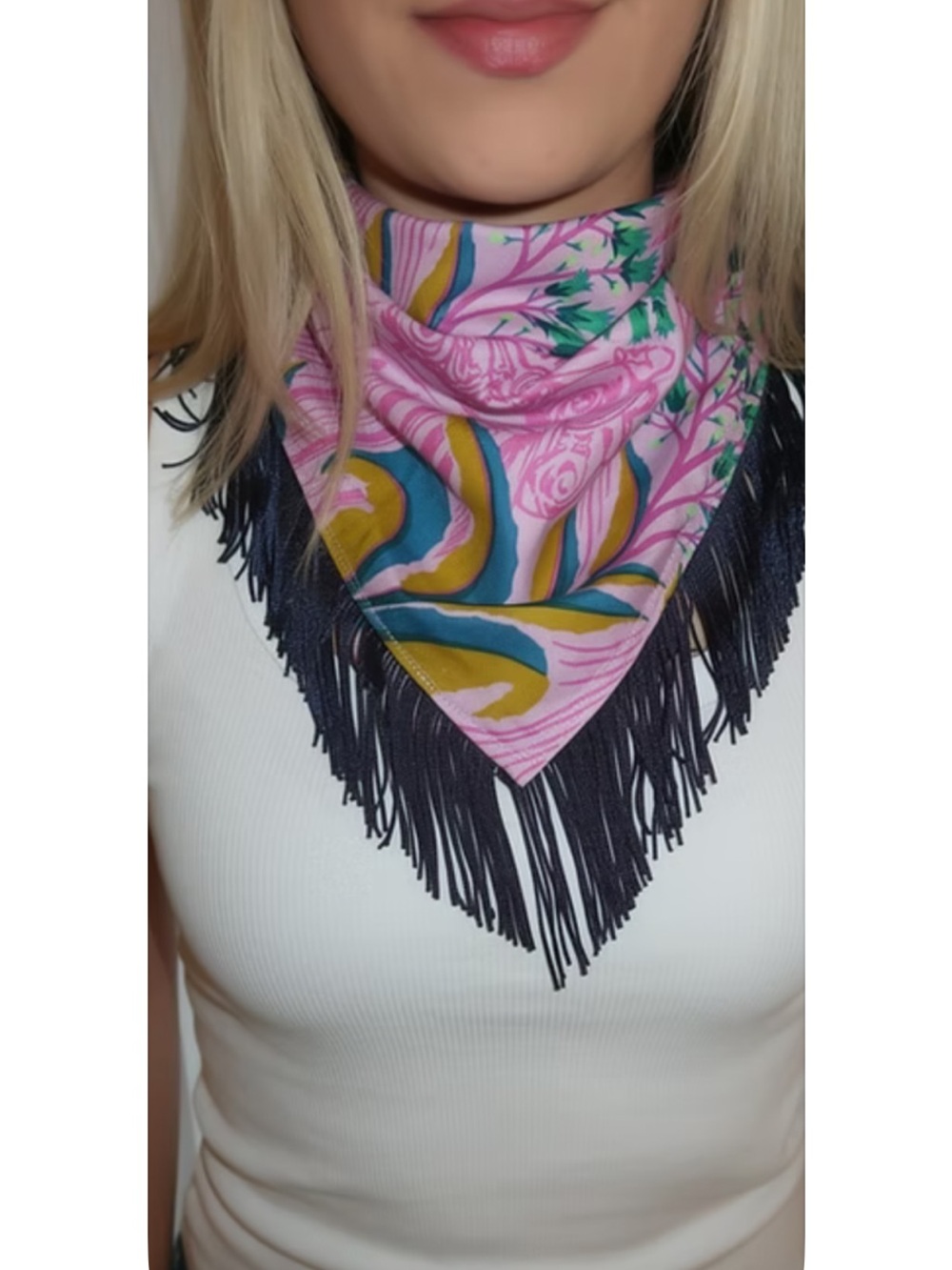Floral Pink Fringe Bandana Scarf - Women's Accessory